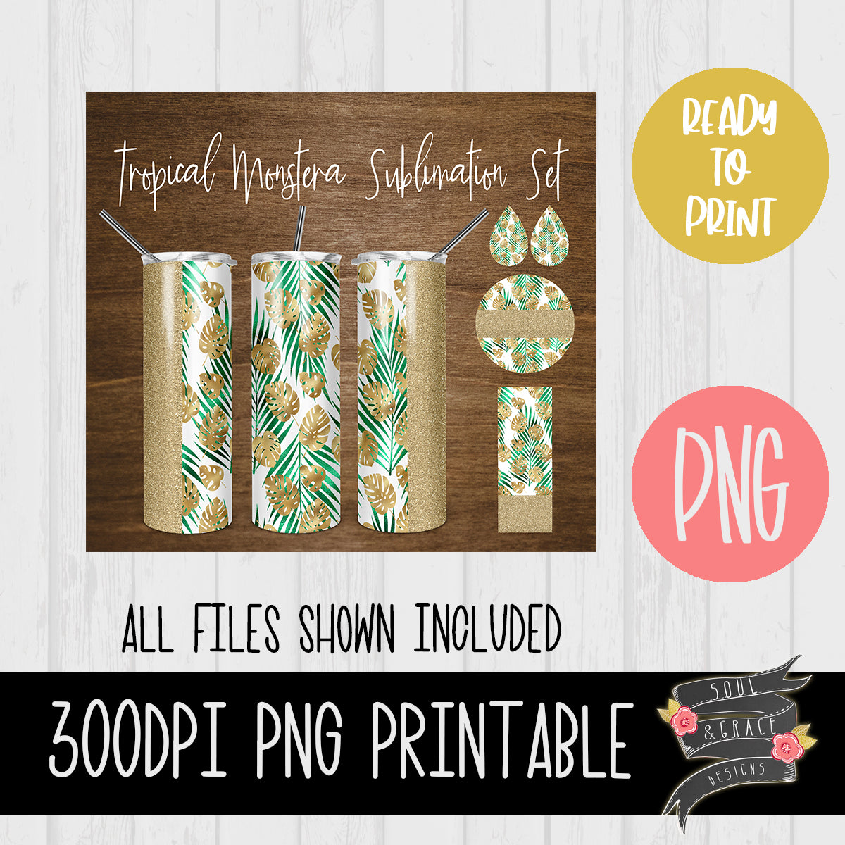 Tropical Monstera Tumbler, Pen Wrap, Circle and Teardrop Earring Set
