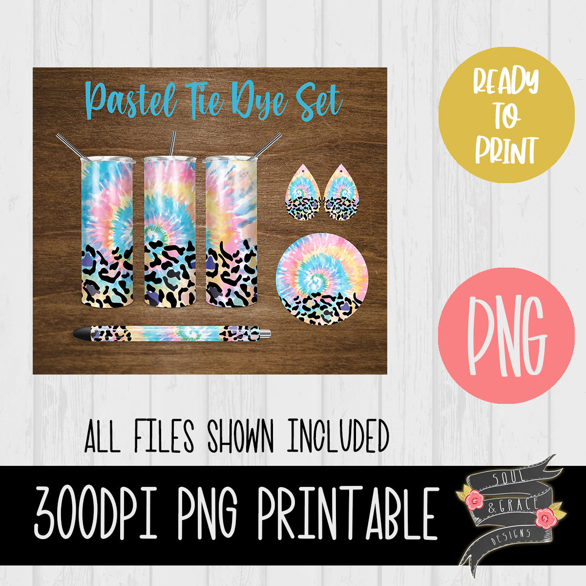 Pastel Tie Dye and Leopard Tumbler, Pen Wrap, Circle and Teardrop Earring Set