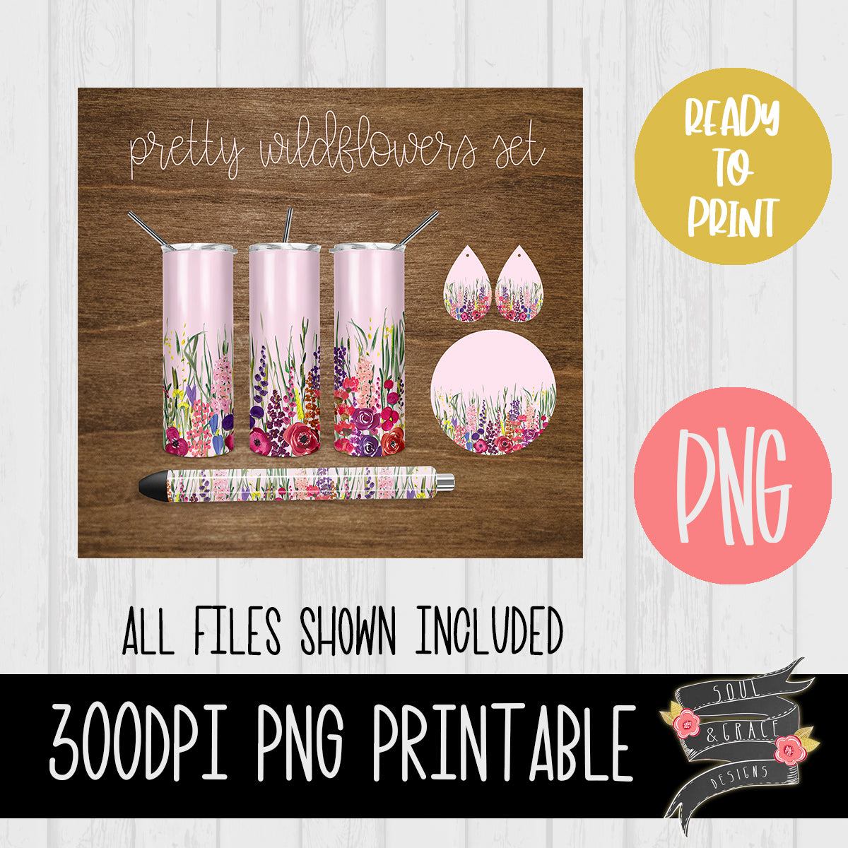 Pretty Wildflowers Tumbler, Pen Wrap, Circle and Teardrop Earring Set