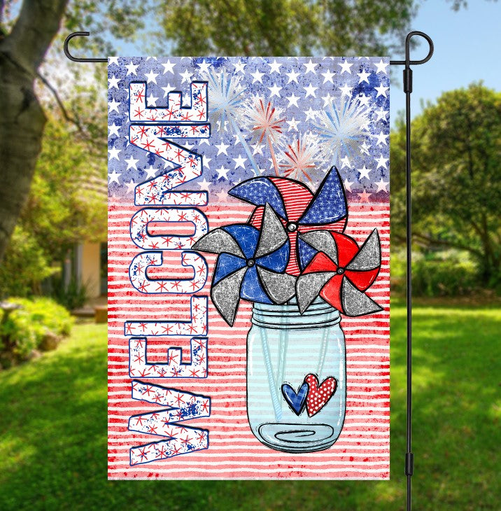 Patriotic Pinwheel Welcome Garden Flag