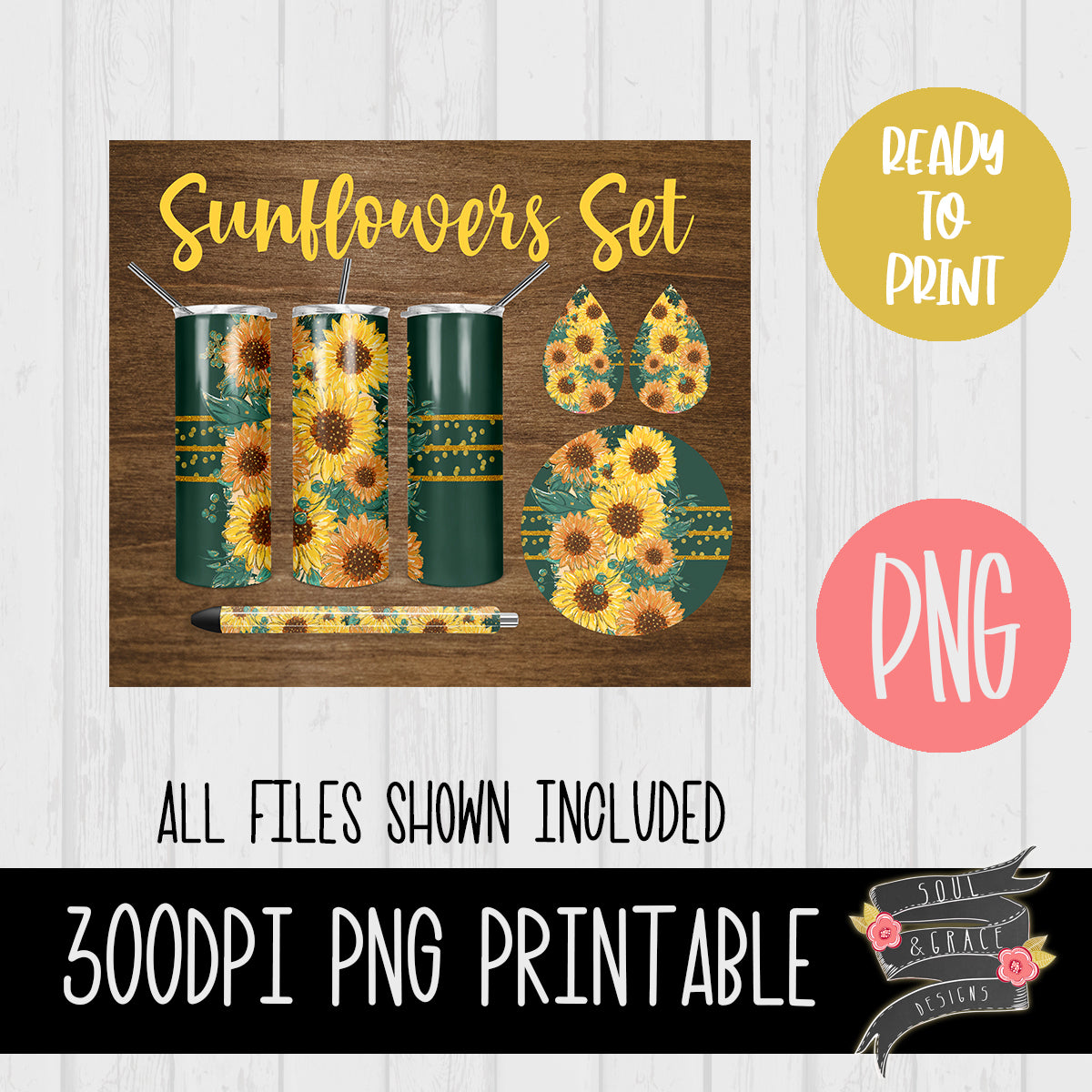 Sunflowers Tumbler, Pen Wrap, Circle and Teardrop Earring Set