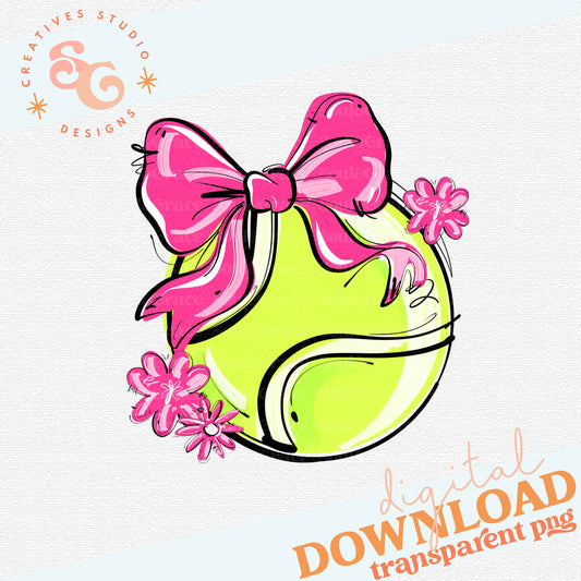 PINK PLAY BALL TENNIS BOW WITH FLOWERS