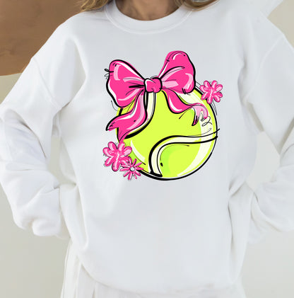 PINK PLAY BALL TENNIS BOW WITH FLOWERS