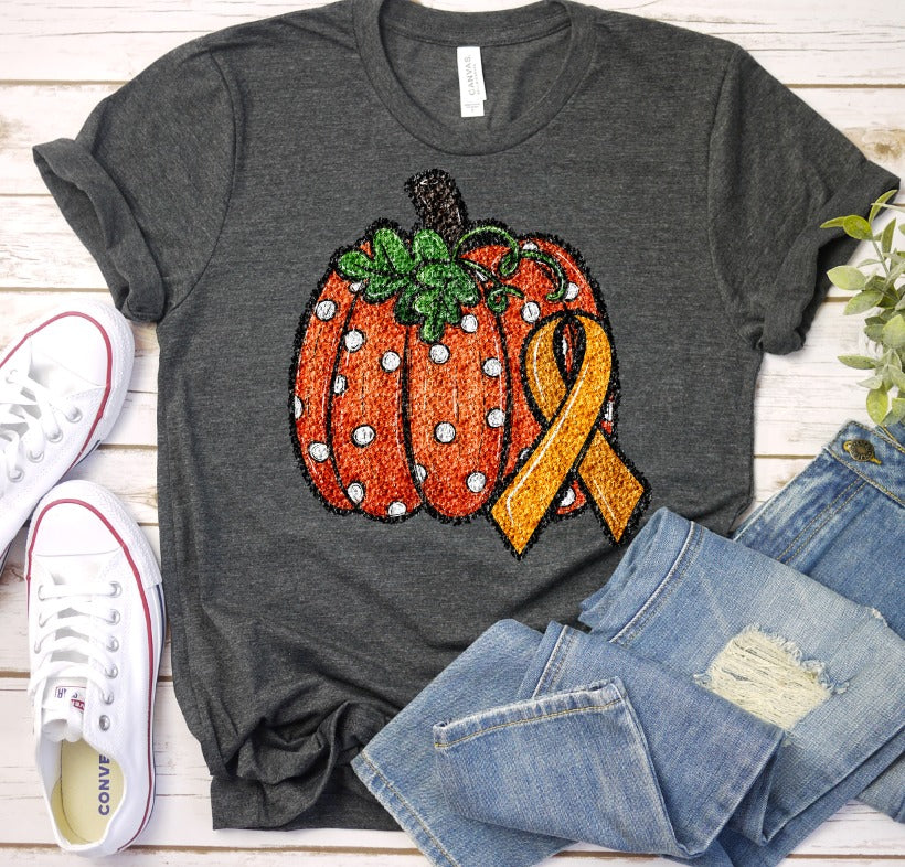 Pumpkin with Children's Cancer Ribbon Faux Sequins