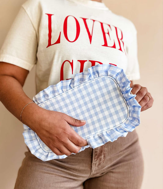 Gingham Frilly Makeup Bags, Makeup Bags, Summer Bag: Light Blue