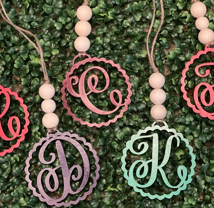 Monogram Car Charm | Custom Initial Car Accessory | 4” Laser Cut Wooden Bag Tag – Unfinished or Painted