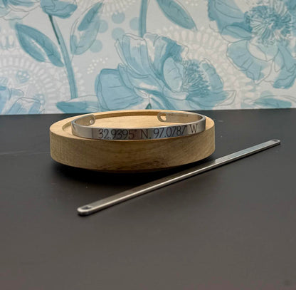 Custom Coordinates Bangle Bracelet – Laser Engraved Stainless Steel, Hypoallergenic – Brushed Silver or Gold