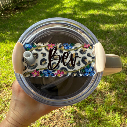 Floral and Leopard Tumbler Toppers, Name Plates and Coaster Set