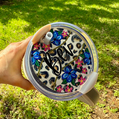Floral and Leopard Tumbler Toppers, Name Plates and Coaster Set