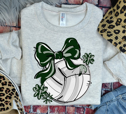 DARK GREEN PLAY BALL VOLLEYBALL BOW WITH FLOWERS