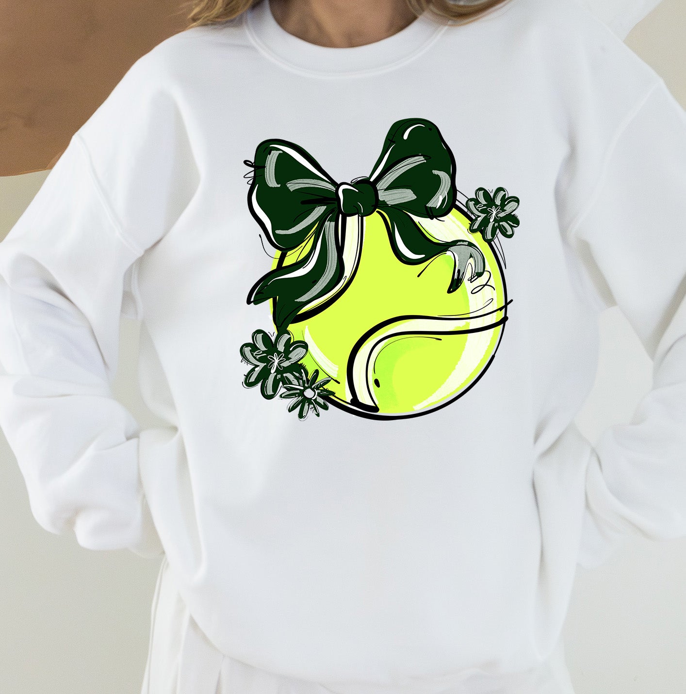 DARK GREEN PLAY BALL TENNIS BOW WITH FLOWERS