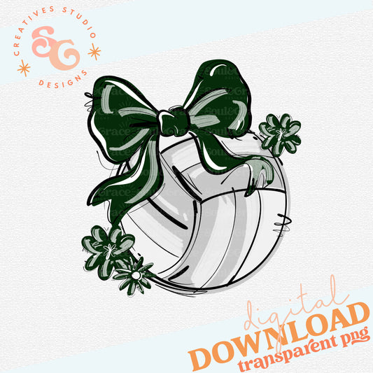 DARK GREEN PLAY BALL VOLLEYBALL BOW WITH FLOWERS