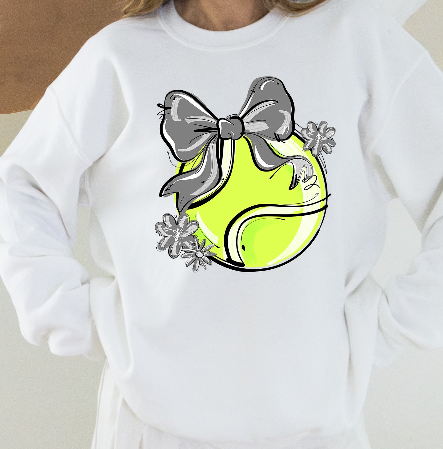 GRAY PLAY BALL TENNIS BOW WITH FLOWERS