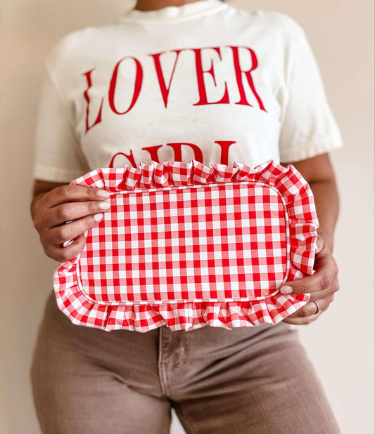 Gingham Frilly Makeup Bags, Makeup Bags, Summer Bag: Red