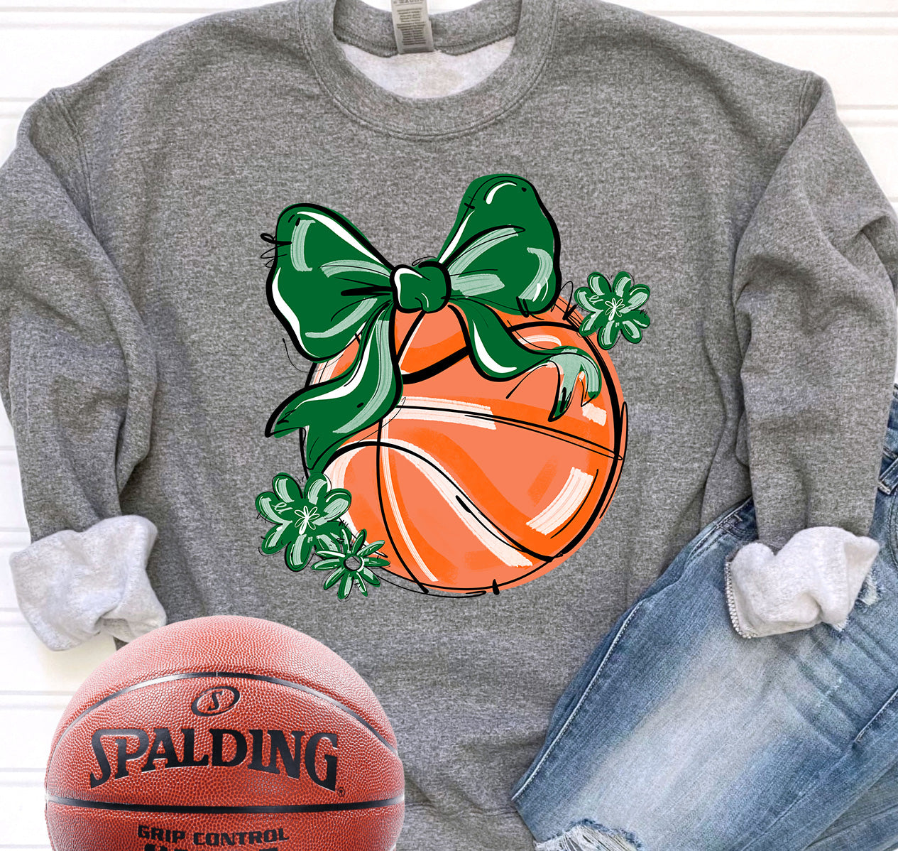 KELLY GREEN PLAY BALL BASKETBALL BOW WITH FLOWERS