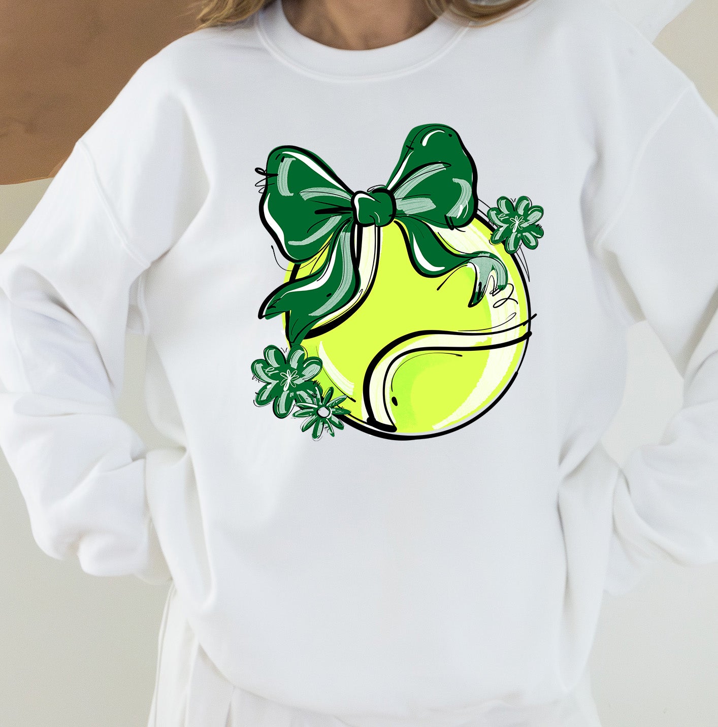 KELLY GREEN PLAY BALL TENNIS BOW WITH FLOWERS