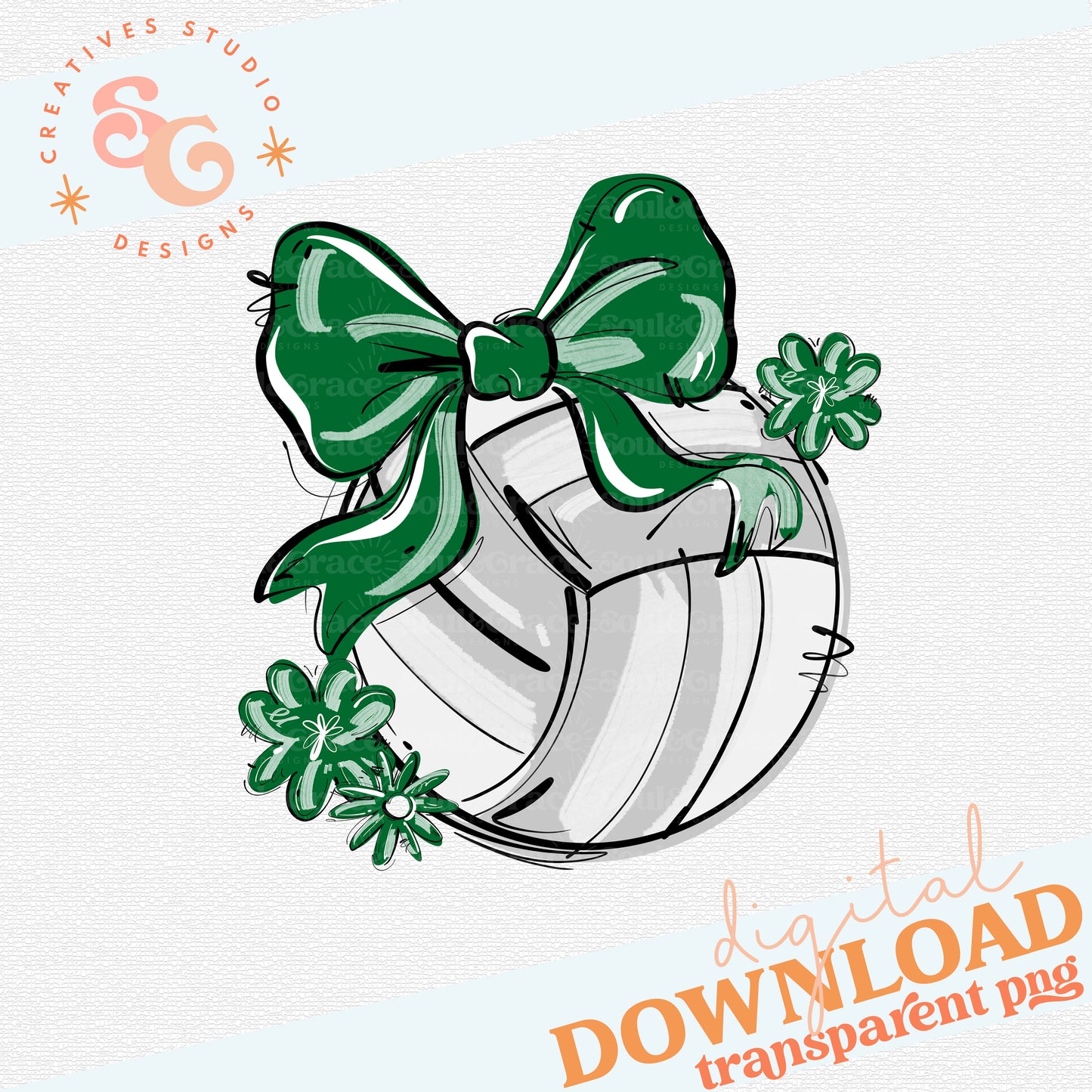 KELLY GREEN PLAY BALL VOLLEYBALL BOW WITH FLOWERS