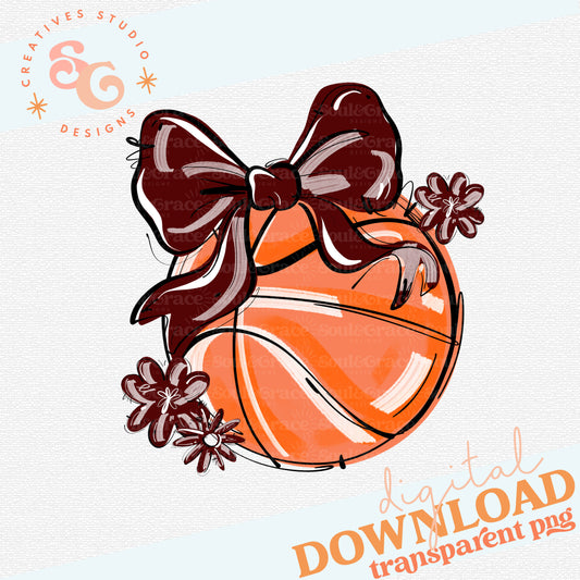 MAROON PLAY BALL BASKETBALL BOW WITH FLOWERS