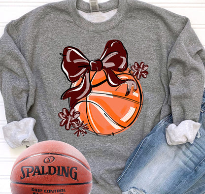 MAROON PLAY BALL BASKETBALL BOW WITH FLOWERS
