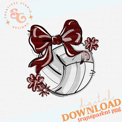 MAROON PLAY BALL VOLLEYBALL BOW WITH FLOWERS