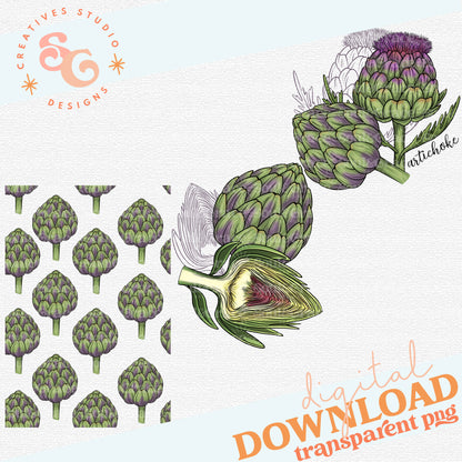 Artichoke Kitchen Sublimation Set [Seamless Towel Repeat, 2 PNGs]