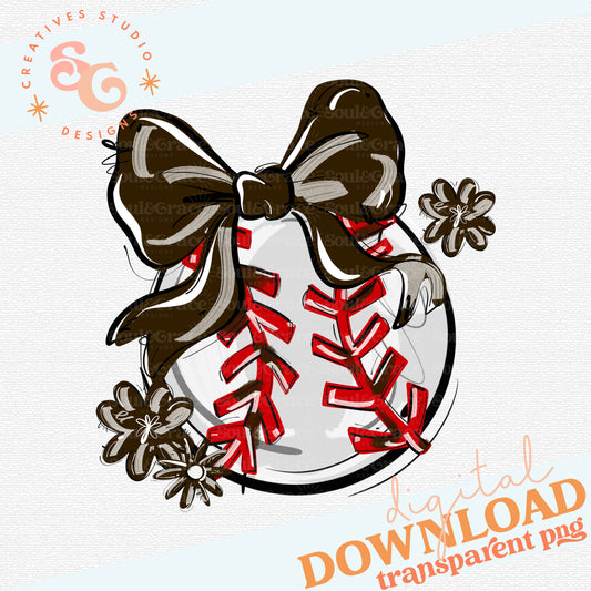 BROWN PLAY BALL BOW WITH FLOWERS BASEBALL