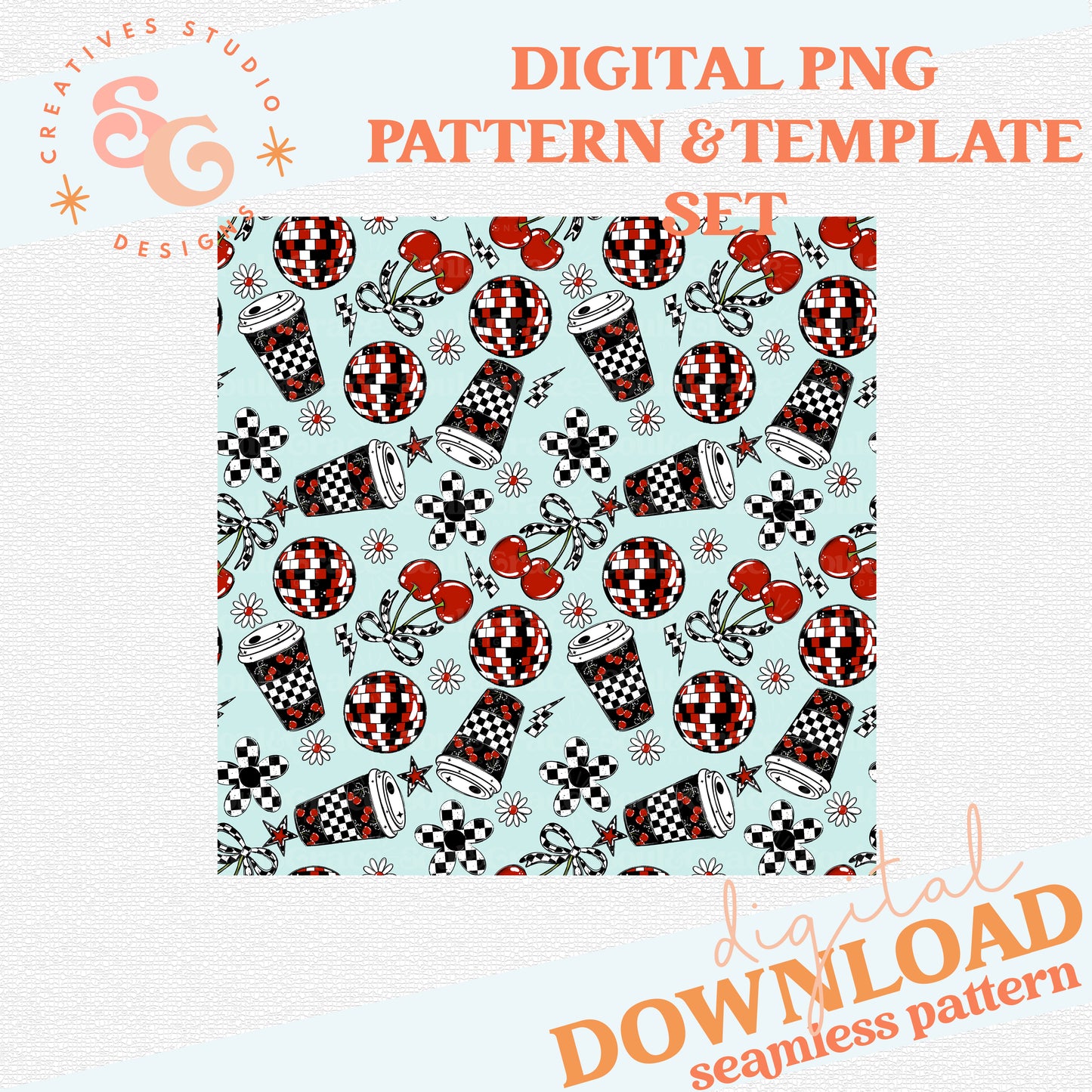 CHERRY DAISY PAPER SET - INCLUDES 12 X 12 SEAMLESS, COMPOSITION COVER, 20 OZ TUMBLER WRAP AND BOOKMARK FILE
