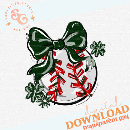 DARK GREEN PLAY BALL BOW WITH FLOWERS BASEBALL