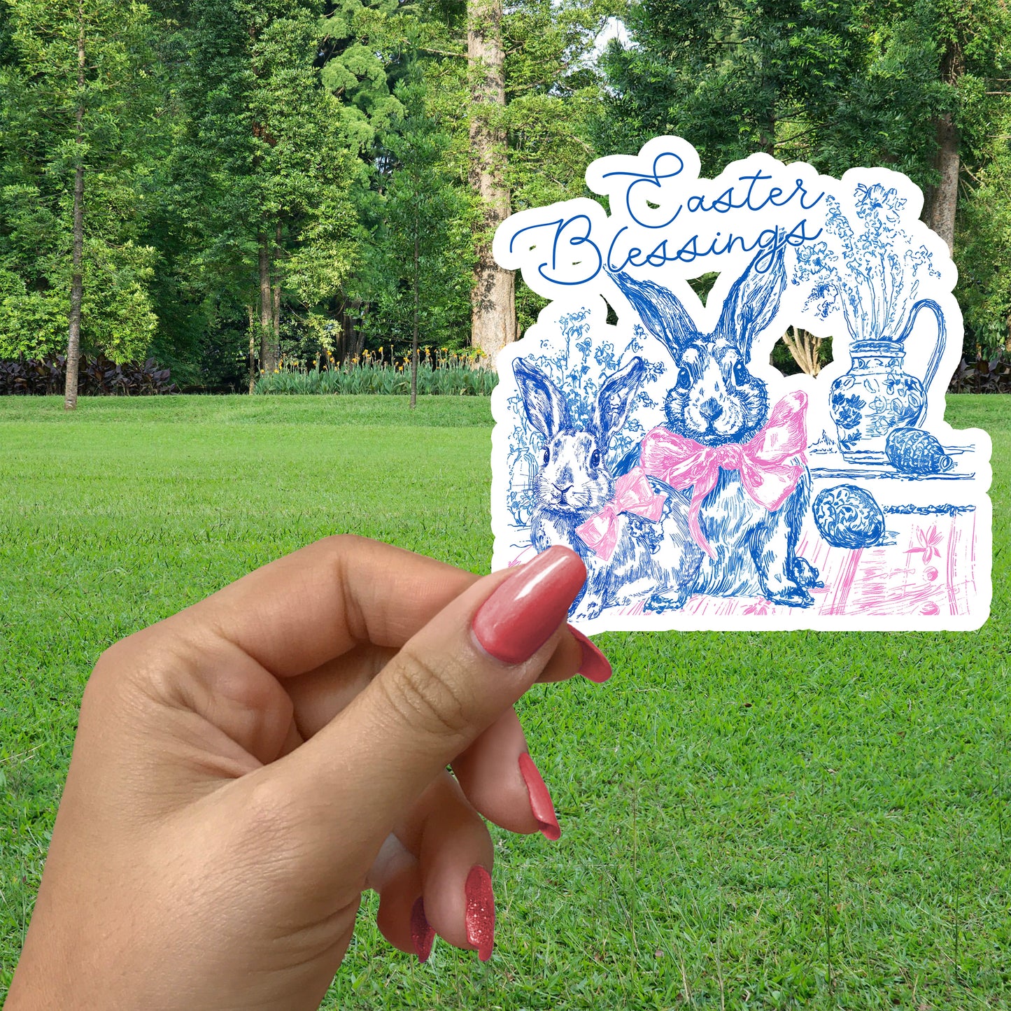 EASTER BLESSINGS TOILE BUNNIES STICKER VINYL DECAL