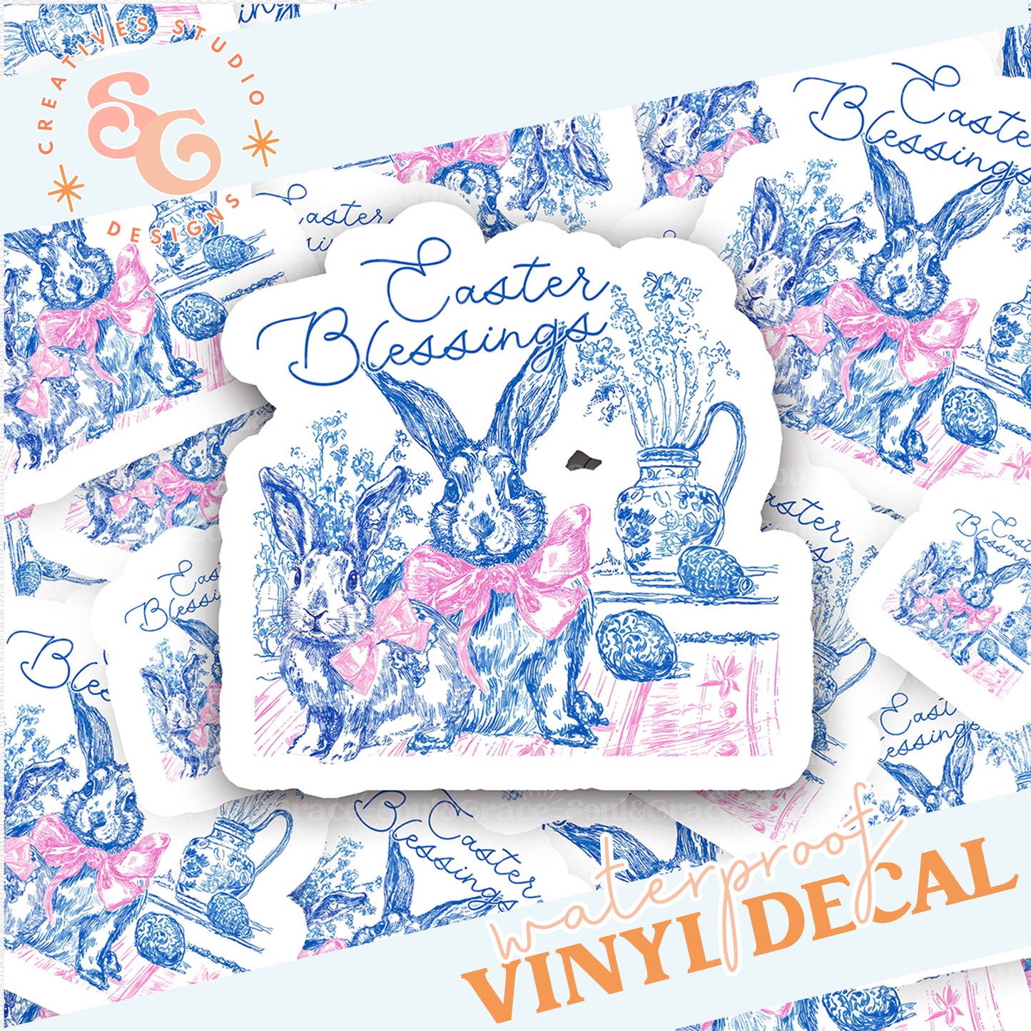EASTER BLESSINGS TOILE BUNNIES STICKER VINYL DECAL