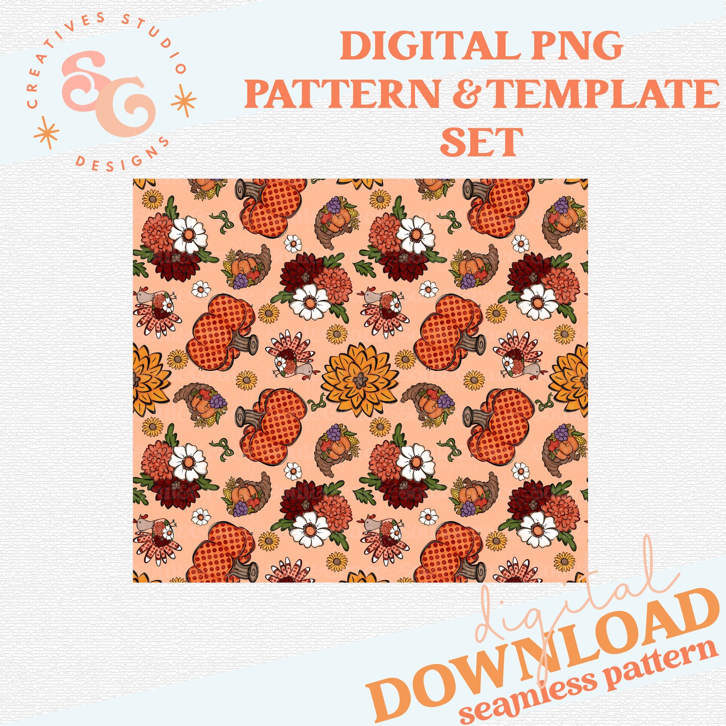 FLOWERY FALL PAPER SET - INCLUDES 12 X 12 SEAMLESS, COMPOSITION COVER, 20 OZ TUMBLER WRAP AND BOOKMARK FILE
