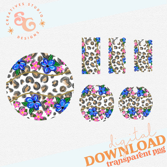 Floral and Leopard Tumbler Toppers, Name Plates and Coaster Set