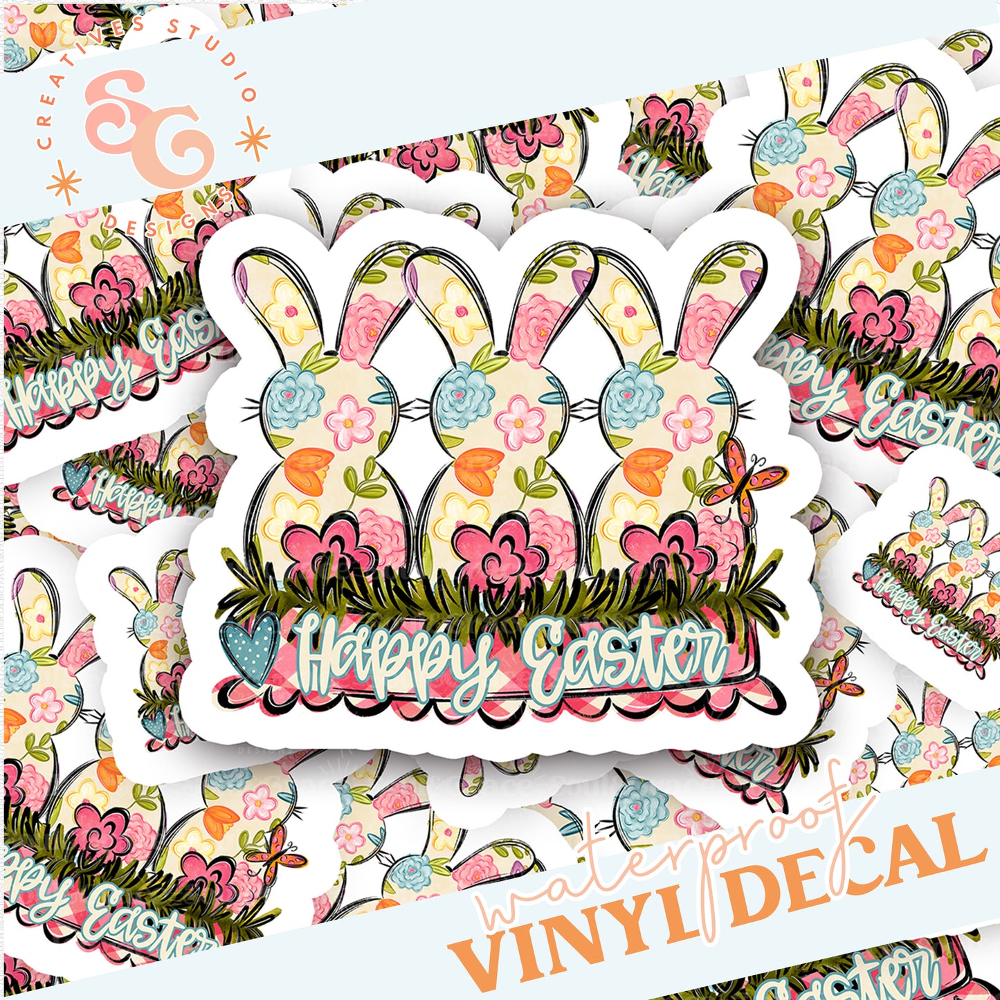 HAPPY EASTER BUNNY TRIO STICKER VINYL DECAL