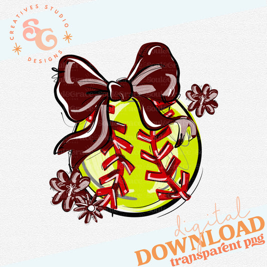 MAROON PLAY BALL BOW WITH FLOWERS SOFTBALL