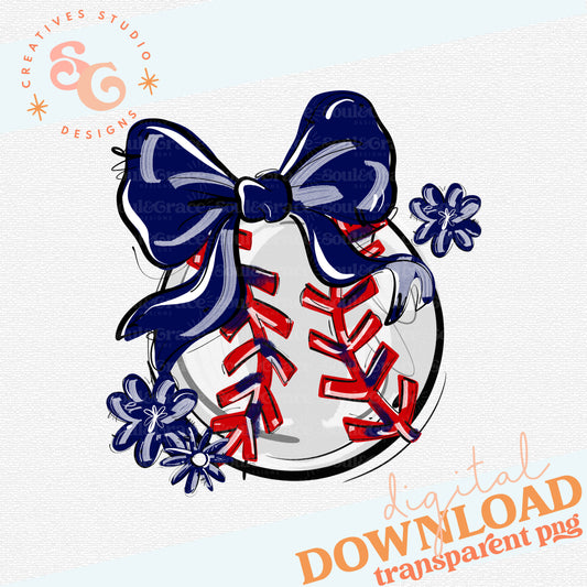 NAVY PLAY BALL BOW WITH FLOWERS BASEBALL