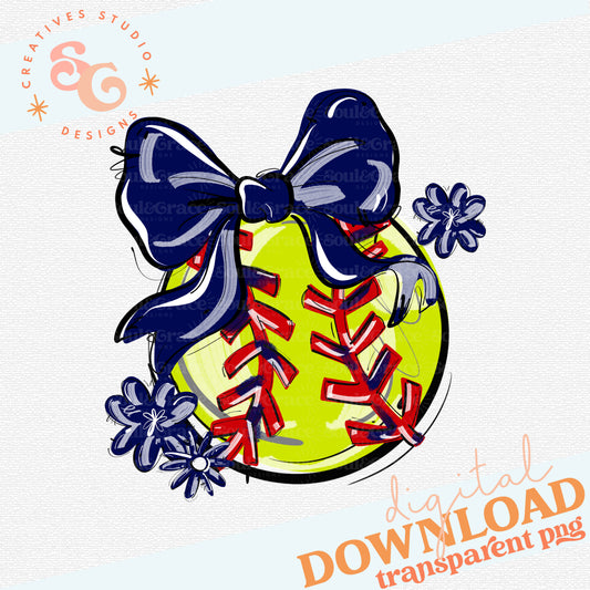 NAVY PLAY BALL BOW WITH FLOWERS SOFTBALL