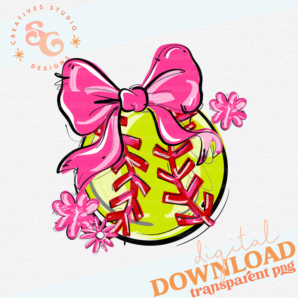 Pink Softball Pattern PINK PLAY BALL BOW WITH FLOWERS SOFTBALL – Soul & Grace Designs