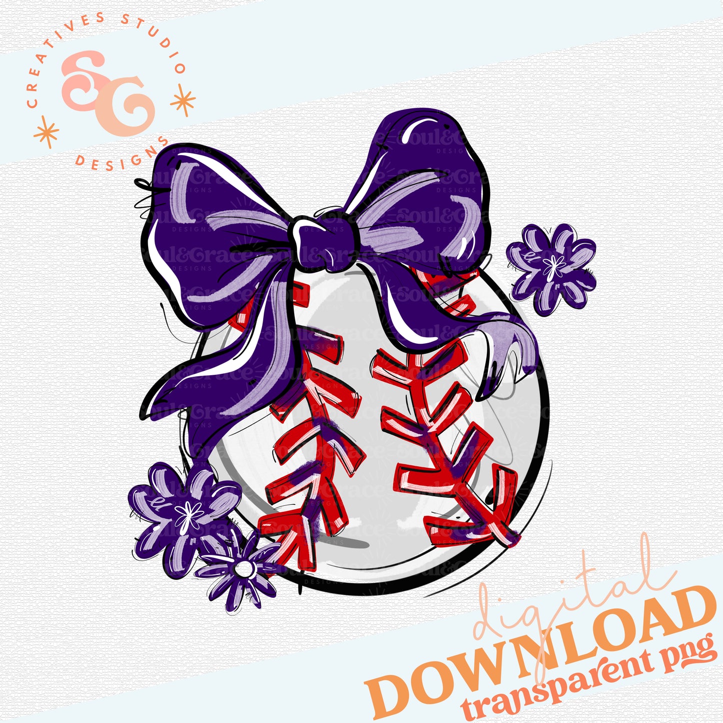 PURPLE PLAY BALL BOW WITH FLOWERS BASEBALL