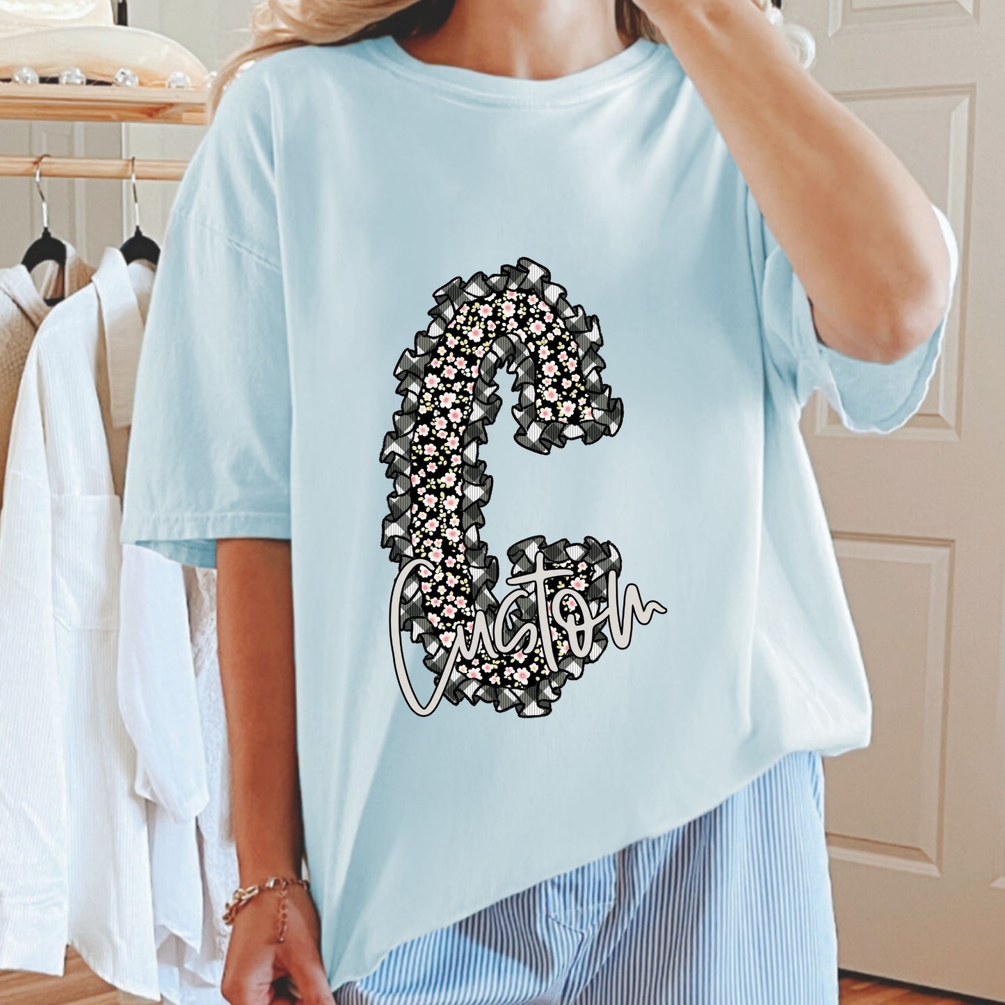 FLORAL AND GINGHAM RUFFLE INITIAL CUSTOM