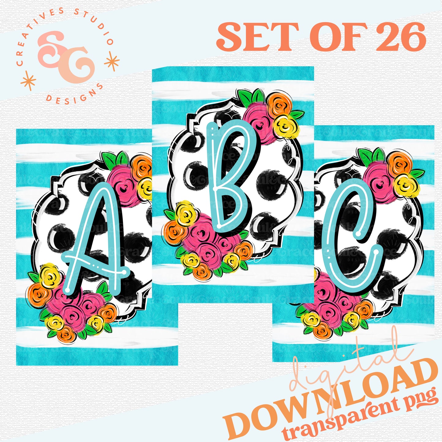 FLORAL AND DOT MONOGRAM GARDEN FLAG SET - BLUE [ALL 26 LETTERS INCLUDED]