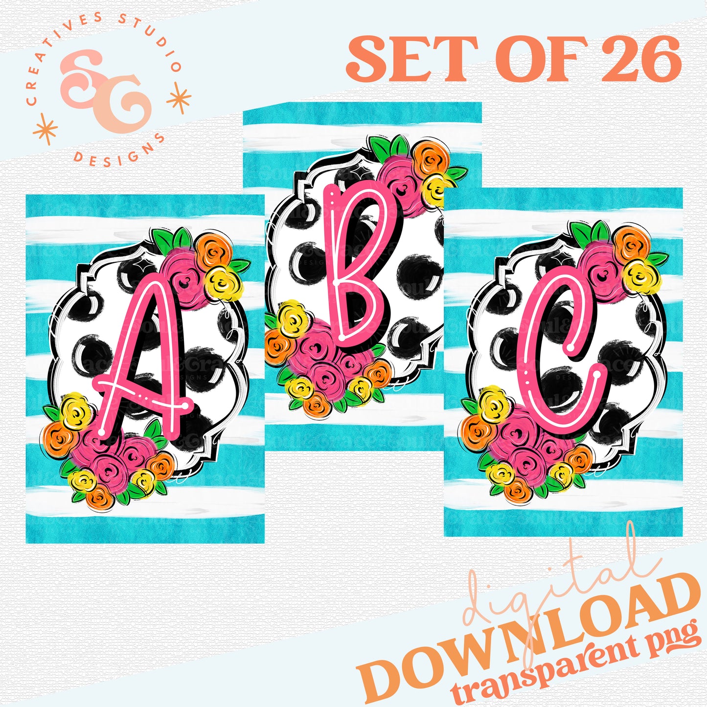 FLORAL AND DOT MONOGRAM GARDEN FLAG SET - PINK [ALL 26 LETTERS INCLUDED]