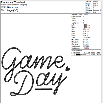 Handwritten Game Day Machine Embroidery Design [DST]