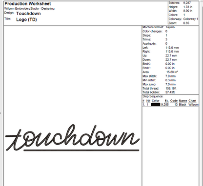 Handwritten Touchdown Machine Embroidery Design [DST]