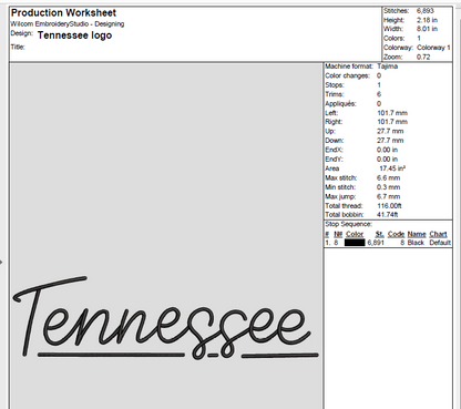 Handwritten Tennessee Machine Embroidery Design [DST]