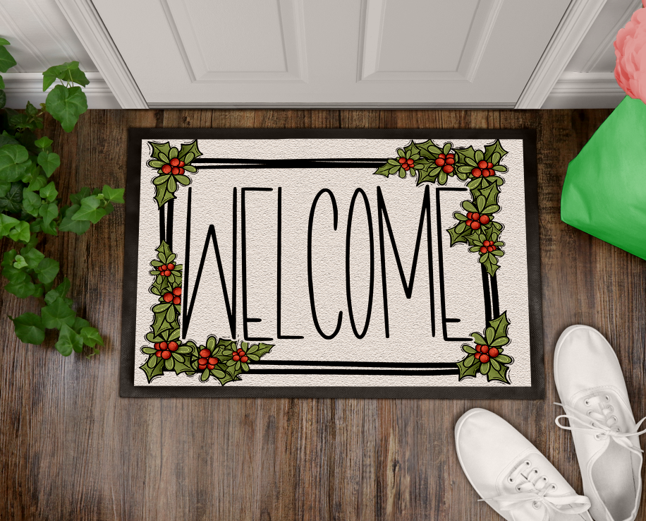 Welcome Christmas Holly Door Mat Sign PNG FILE