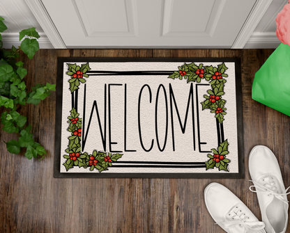 Welcome Christmas Holly Door Mat Sign PNG FILE