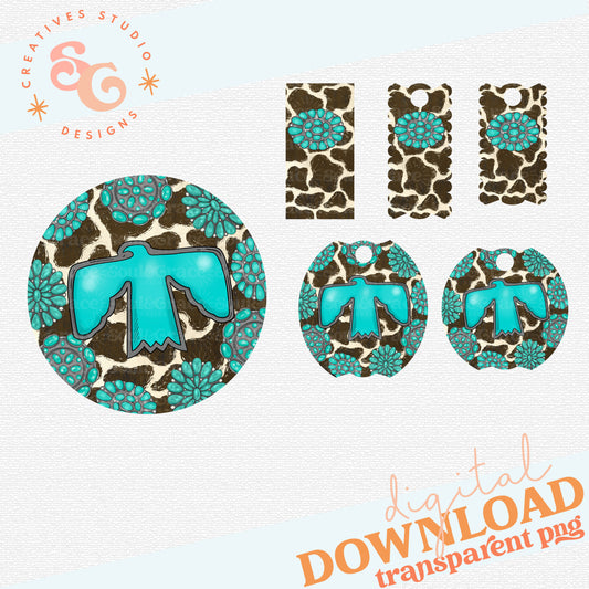 Turquoise & Cowprint Tumbler Toppers, Name Plates and Coaster Set