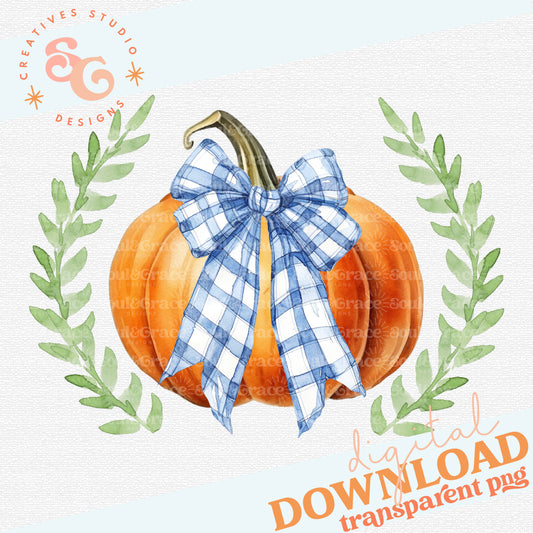 Watercolor Pumpkin with Blue Plaid Bow