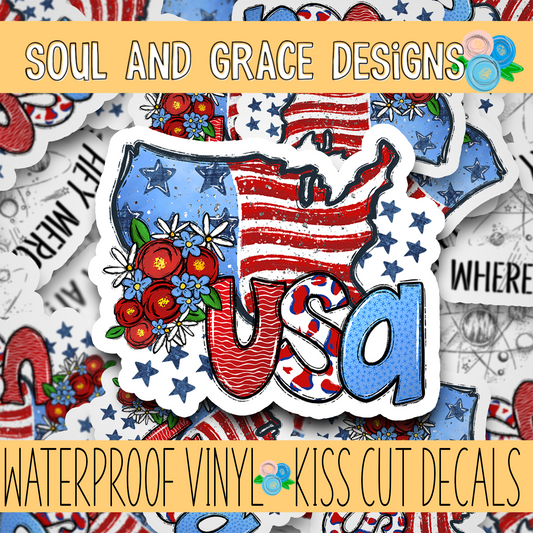 USA Map and Florals  Vinyl Decal