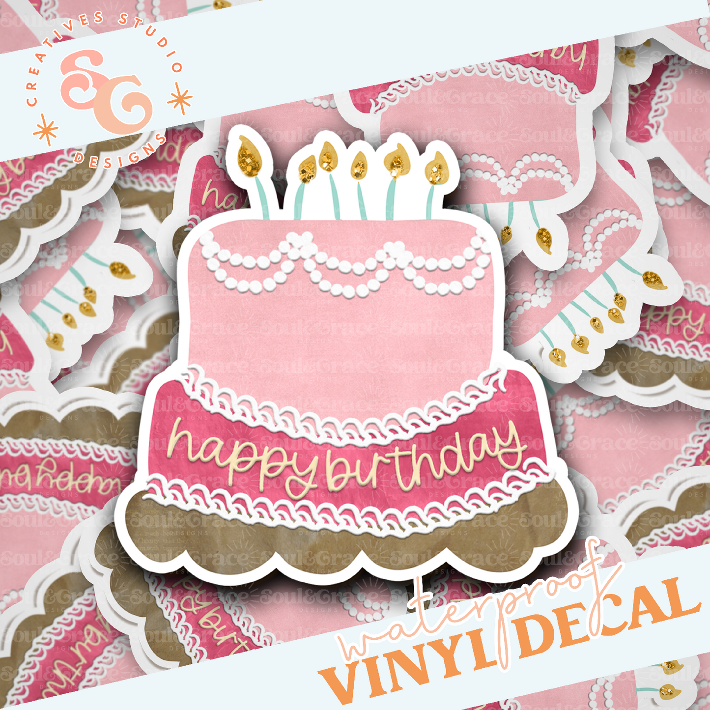 Vintage Happy Birthday Cake Vinyl Decal